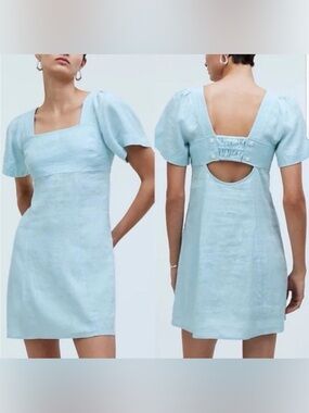Madewell 100% LINEN Square Neck Light Blue Mini Dress Womens Size 4 FLAWED